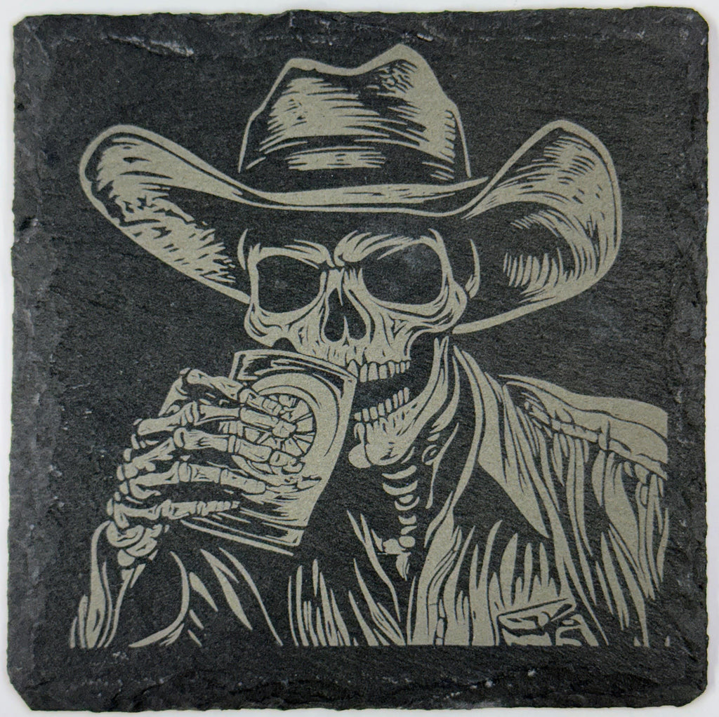 Skeleton Cowboy Slate Coaster – Western Gothic Laser-Engraved Barware