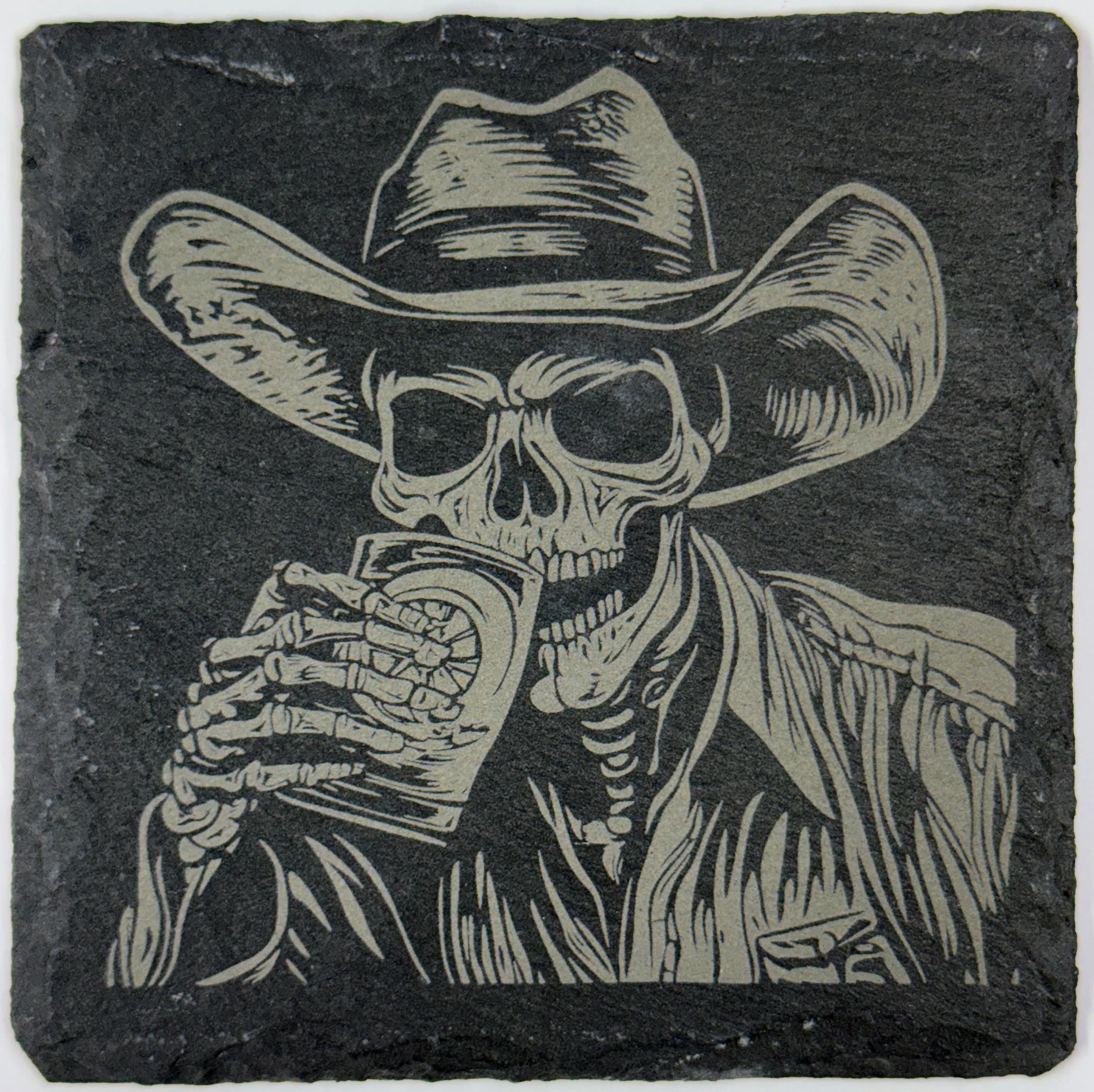 Skeleton Cowboy Slate Coaster – Western Gothic Laser-Engraved Barware