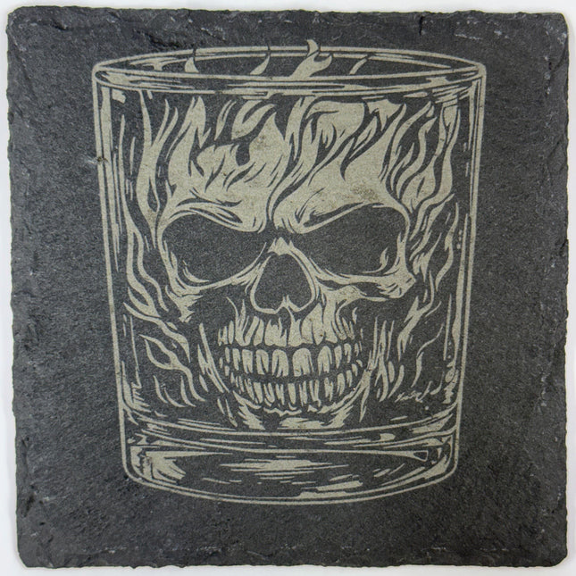 Flaming Skull Whiskey Glass Slate Coasters – Gothic Barware - 4 Designs