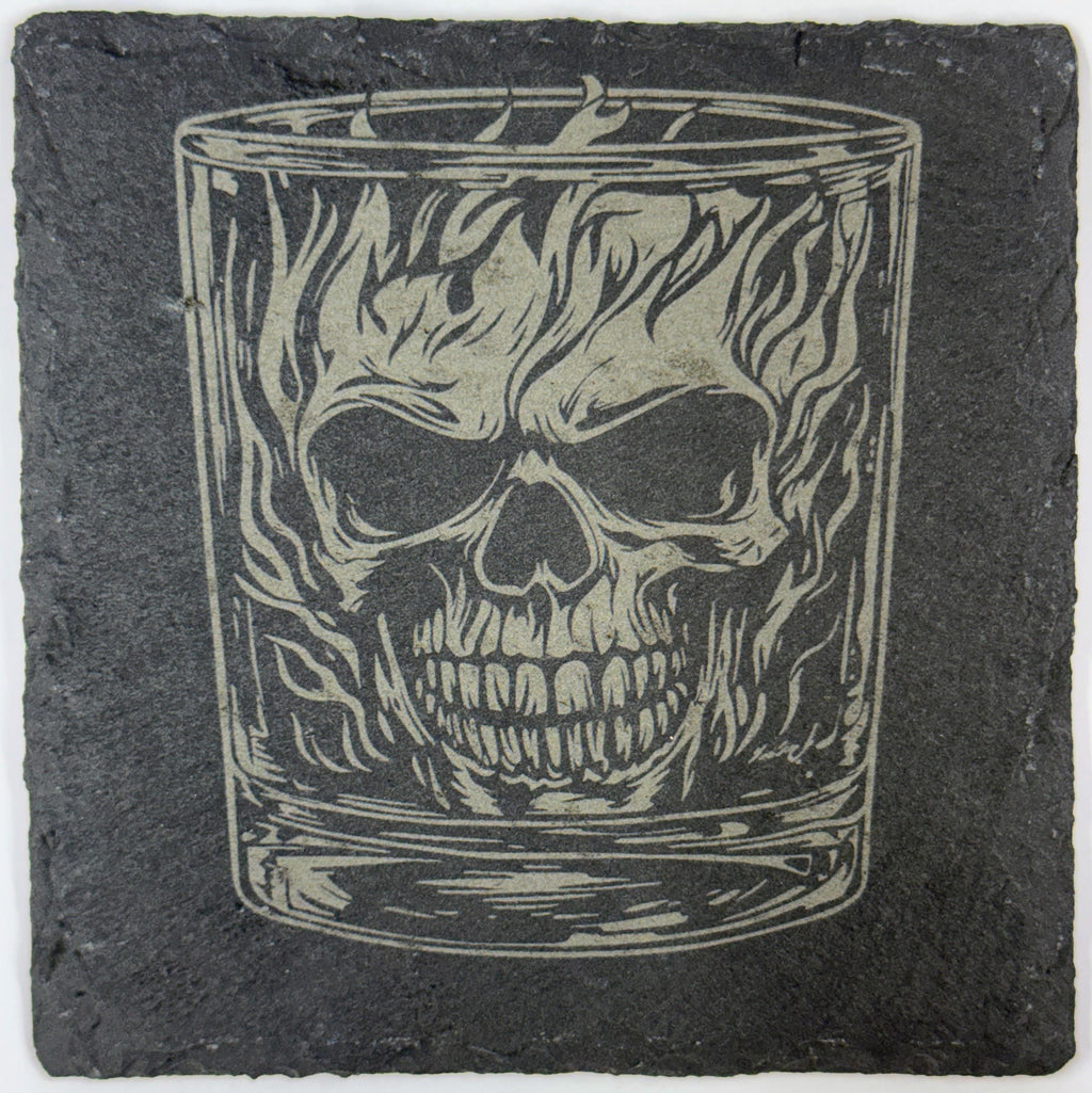 Flaming Skull Whiskey Glass Slate Coasters – Gothic Barware - 4 Designs
