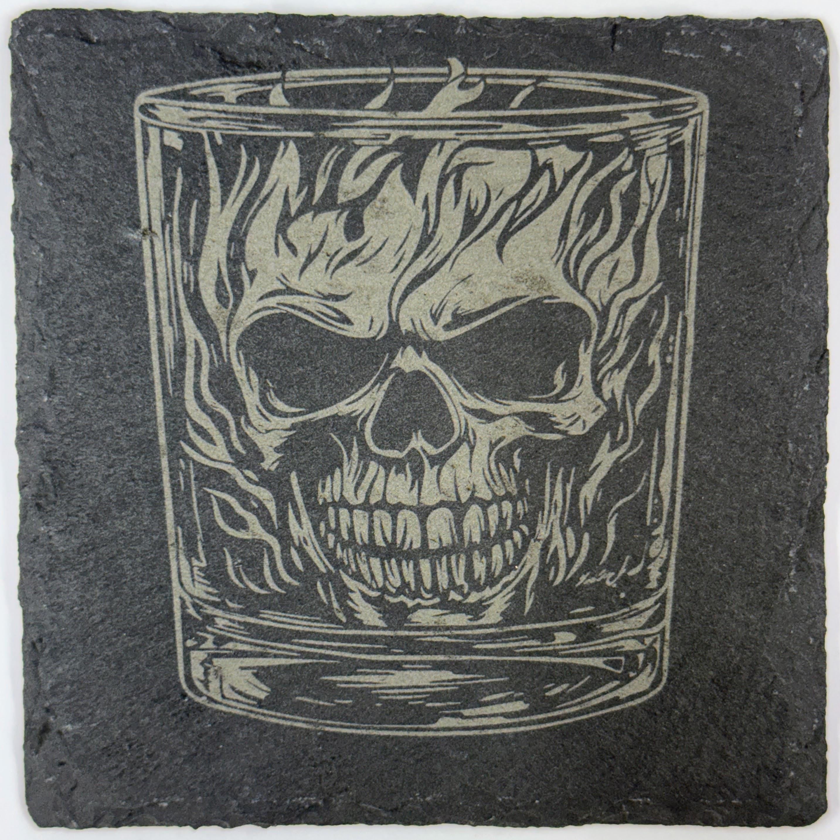 Flaming Skull Whiskey Glass Slate Coasters – Gothic Barware - 4 Designs