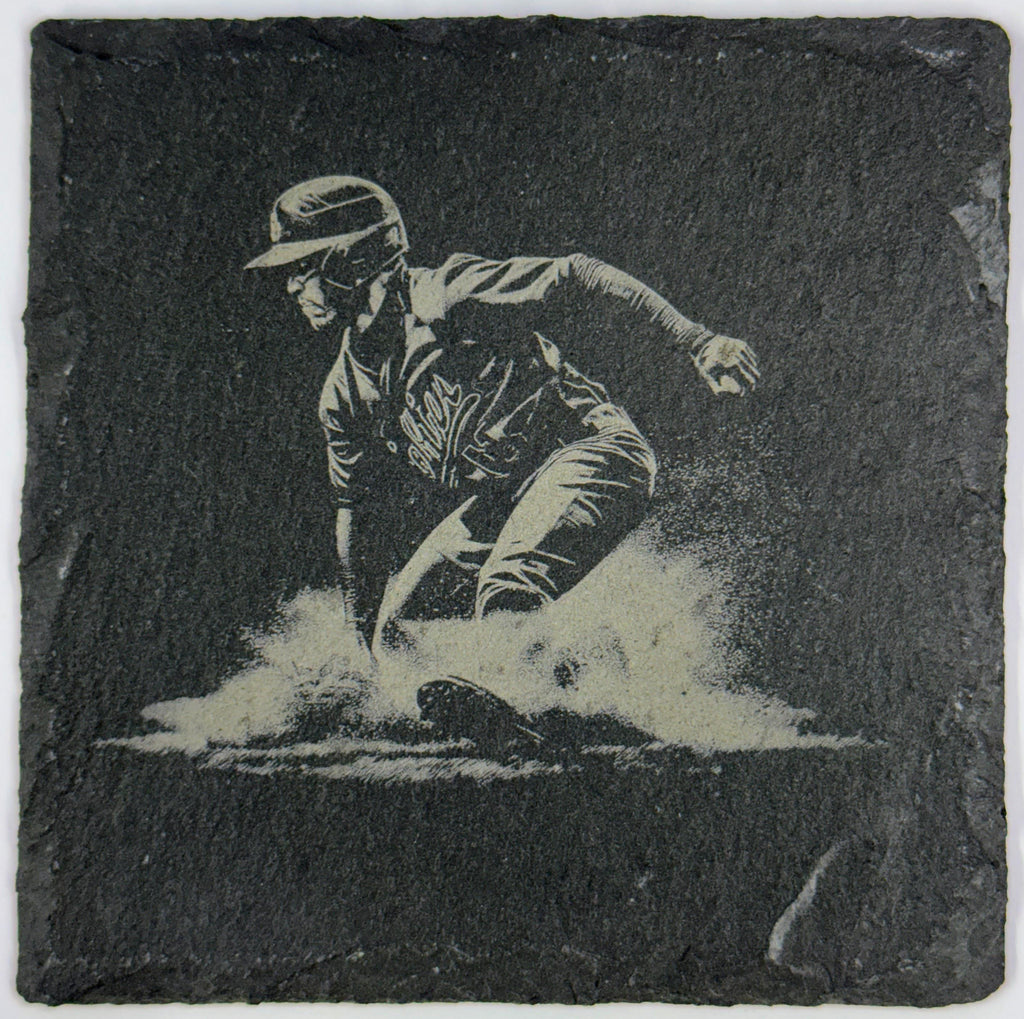 Laser Engraved Baseball Slate Coasters: Batter & Runner Designs