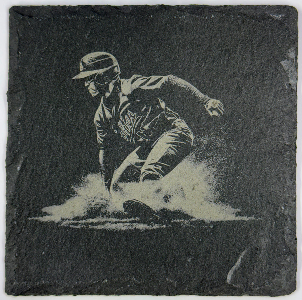 Laser Engraved Baseball Slate Coasters: Batter & Runner Designs