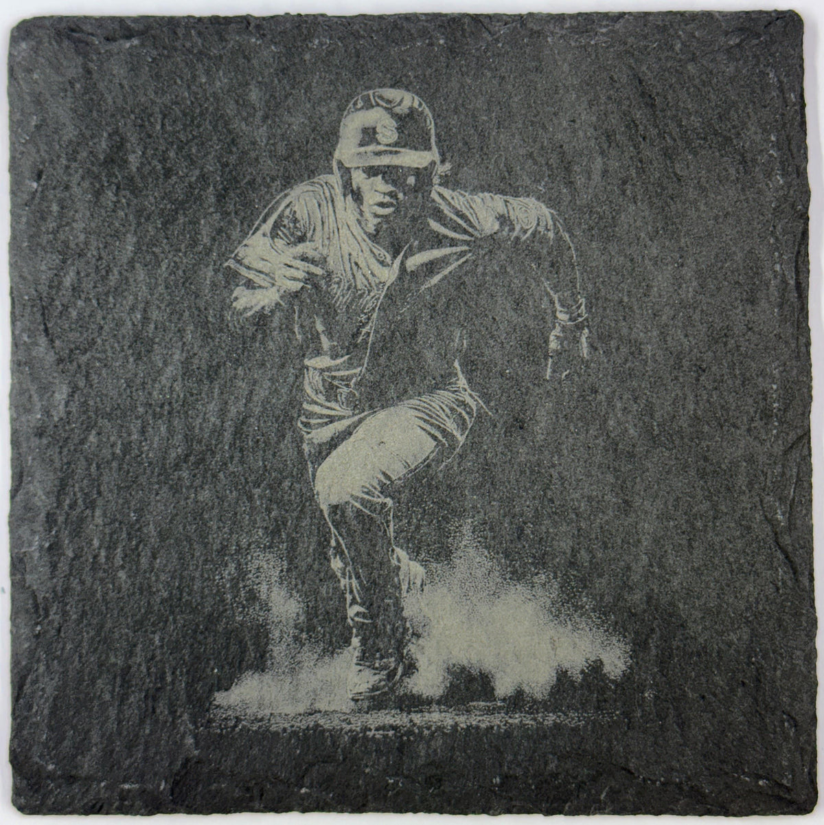Laser Engraved Baseball Slate Coasters: Batter & Runner Designs