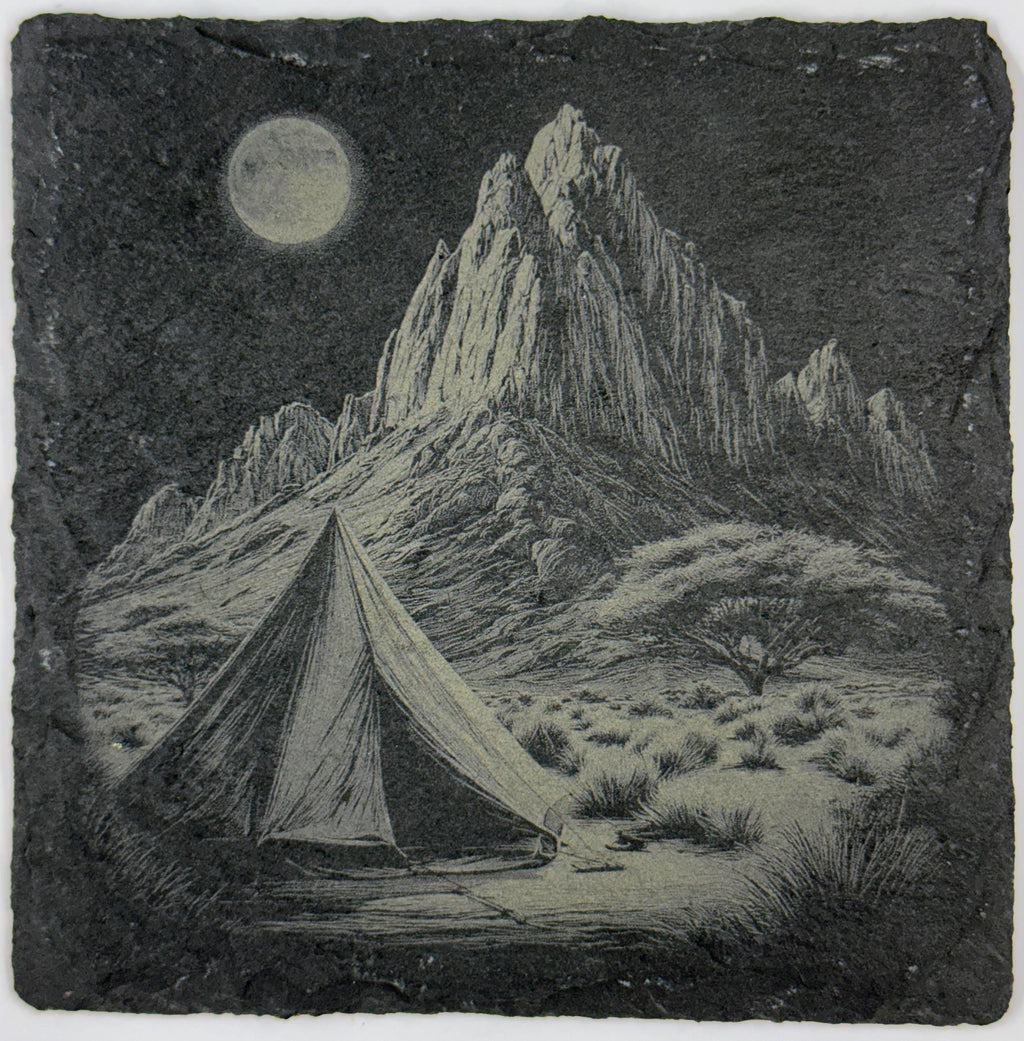 Mountain & Forest Camping Coasters – Scenic Tent and Campfire Designs on Slate