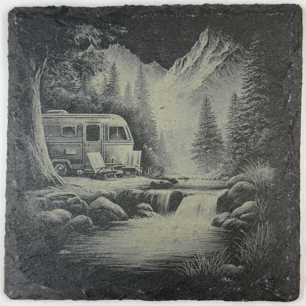 Mountain & Forest Camping Coasters – Scenic Tent and Campfire Designs on Slate