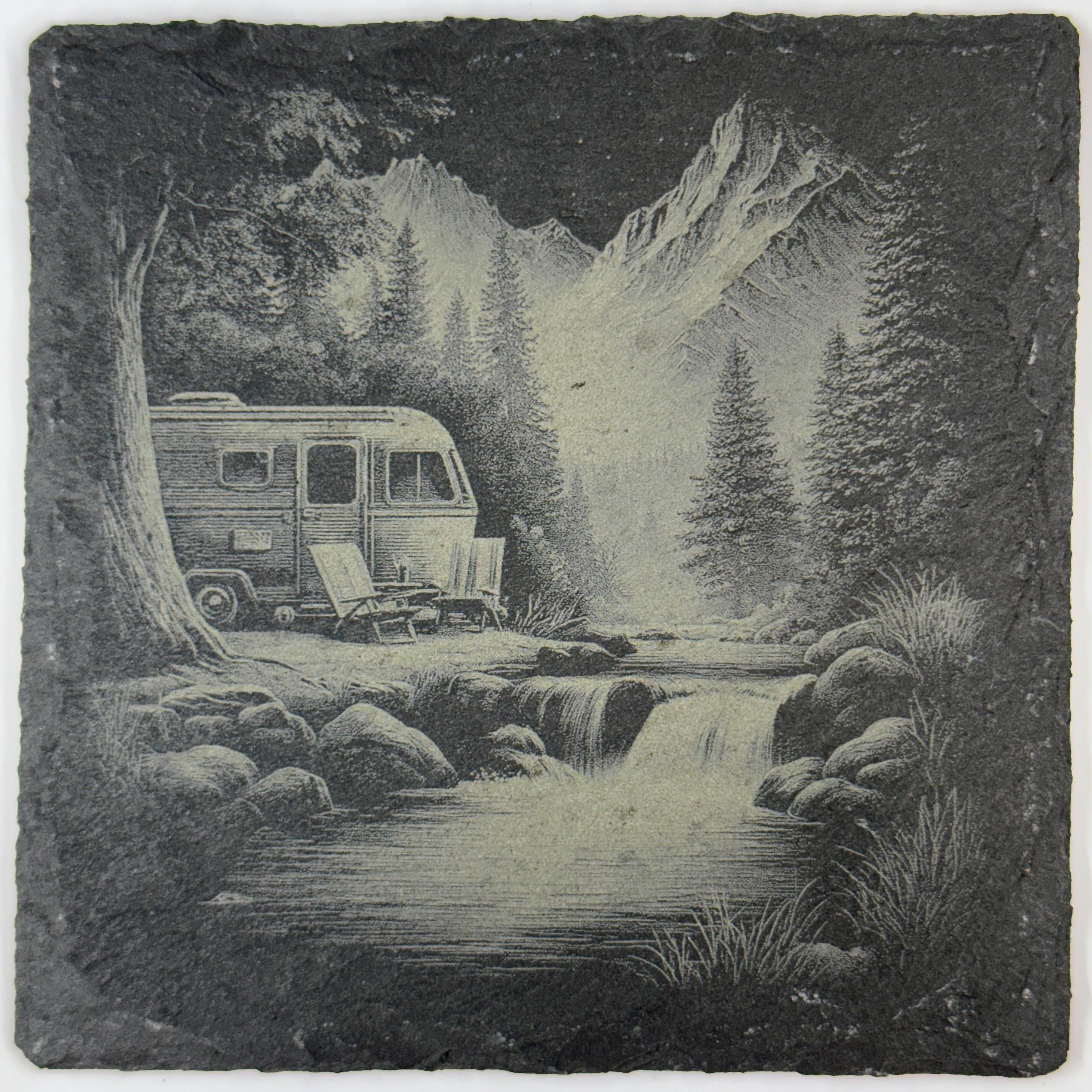 Mountain & Forest Camping Coasters – Scenic Tent and Campfire Designs on Slate