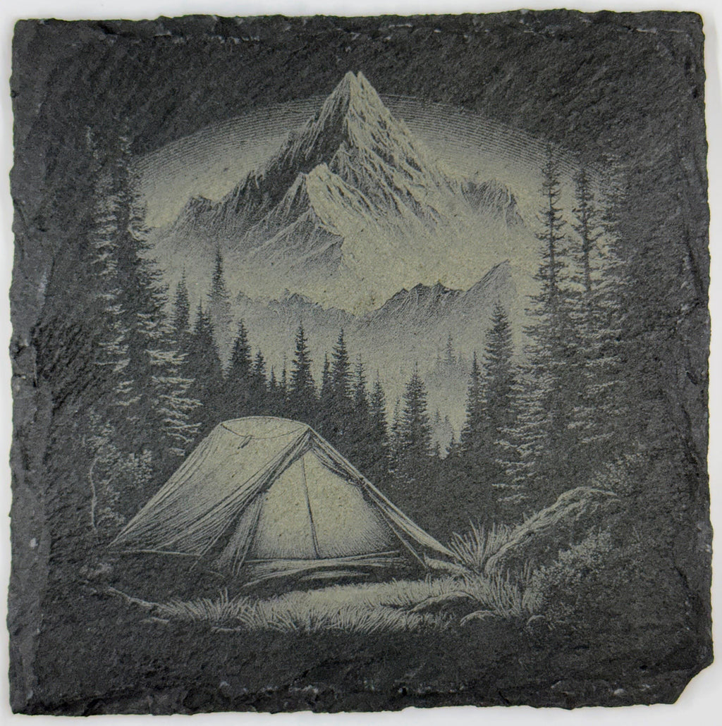 Mountain & Forest Camping Coasters – Scenic Tent and Campfire Designs on Slate