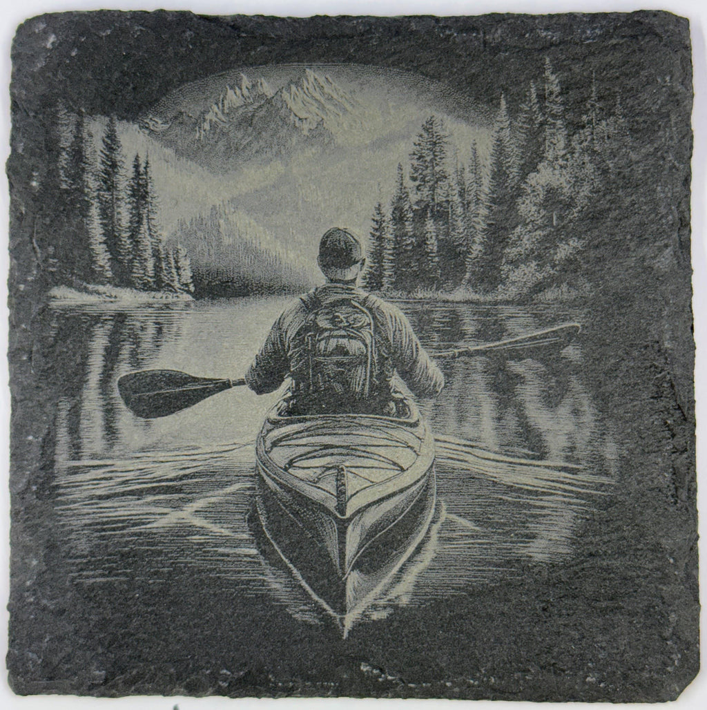 Kayaking and Canoeing Mountain Lake Coasters – Scenic Paddle & Fishing Slate Coaster 4 Pack