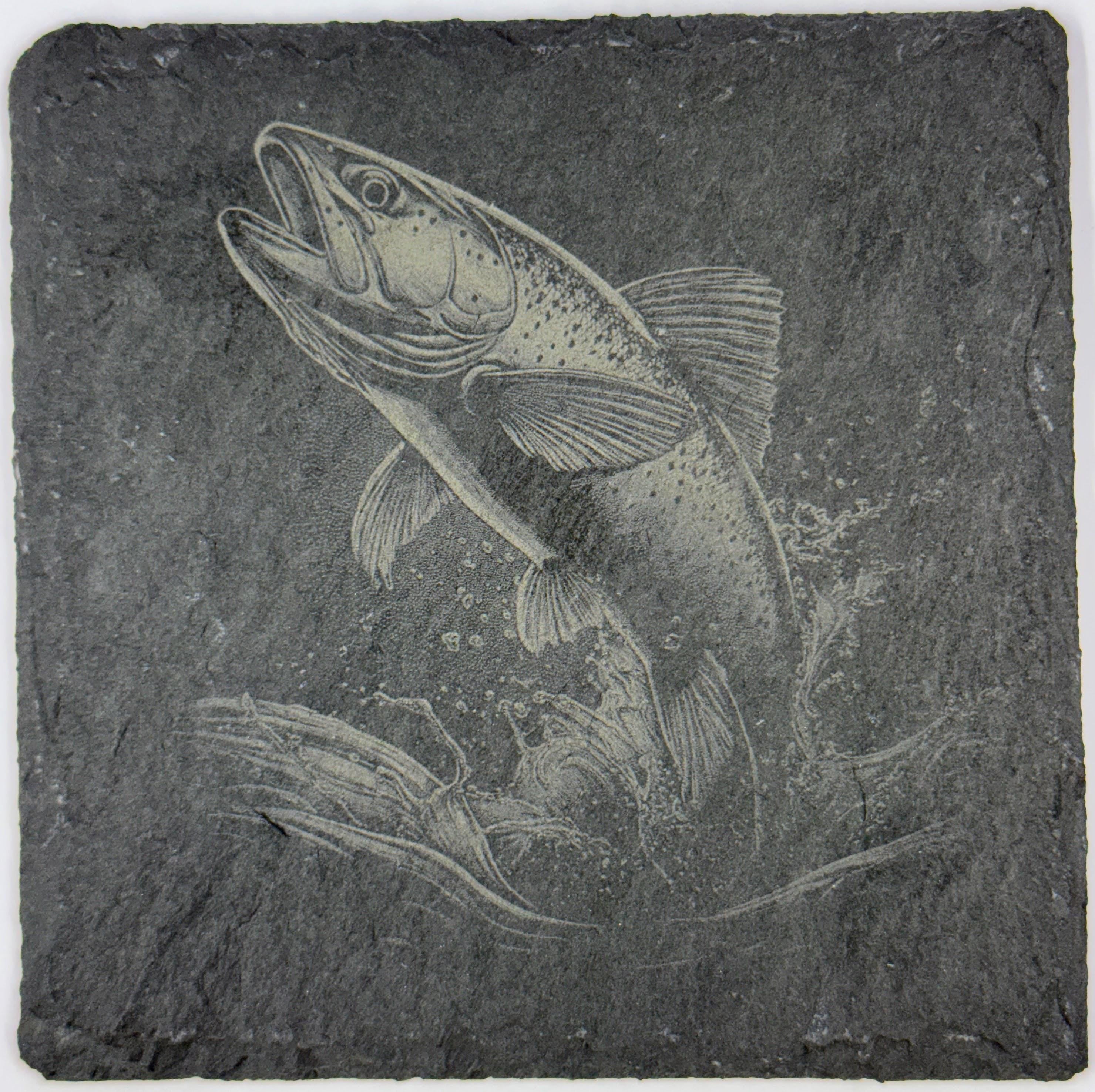 Laser Engraved Fishing Slate Coasters: Bass & Trout Designs - Set of 4