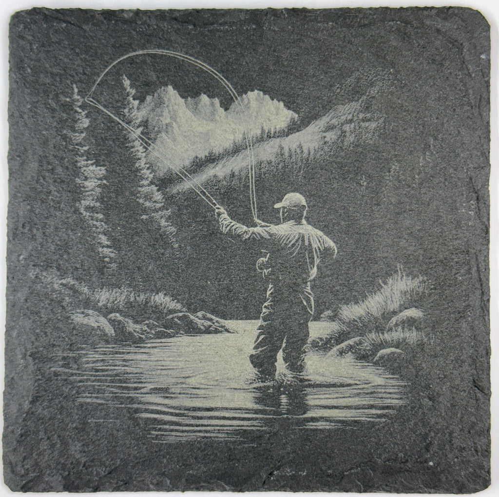 Laser Engraved Fishing Slate Coasters: Angler & Big Catch Designs