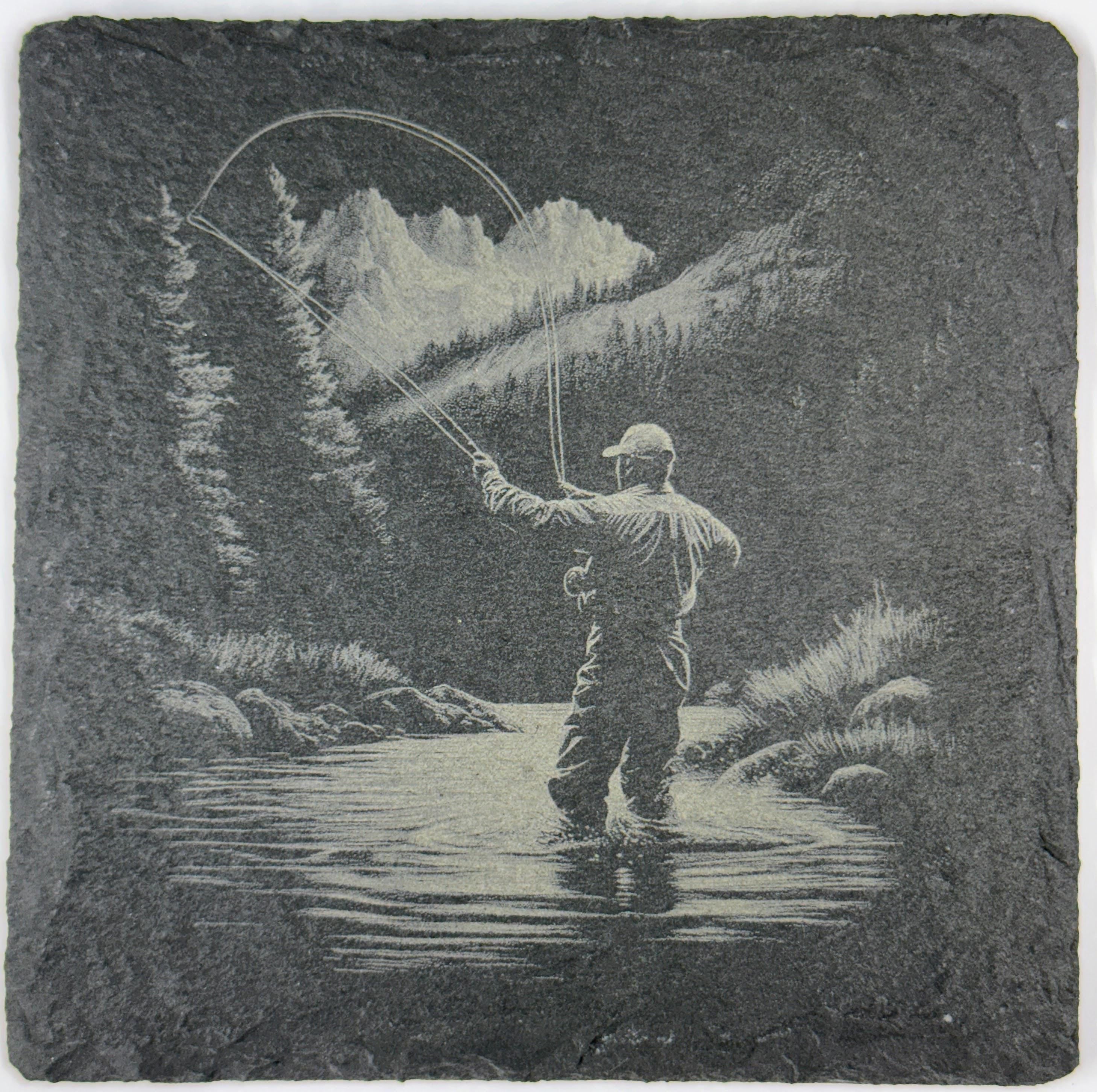 Laser Engraved Fishing Slate Coasters: Angler & Big Catch Designs