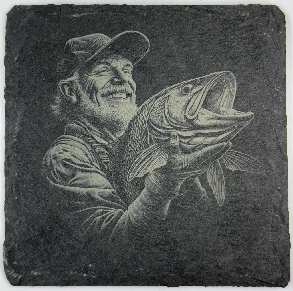Laser Engraved Fishing Slate Coasters: Angler & Big Catch Designs