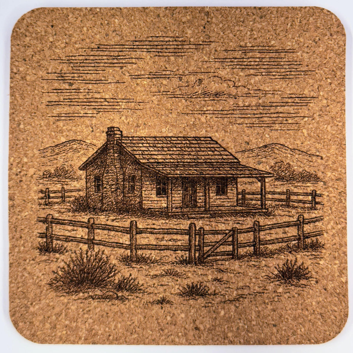 Southwestern Cork Coaster Set – Desert Cactus, Pueblo House, Ranch Scene & Monument Valley Engraved Coasters