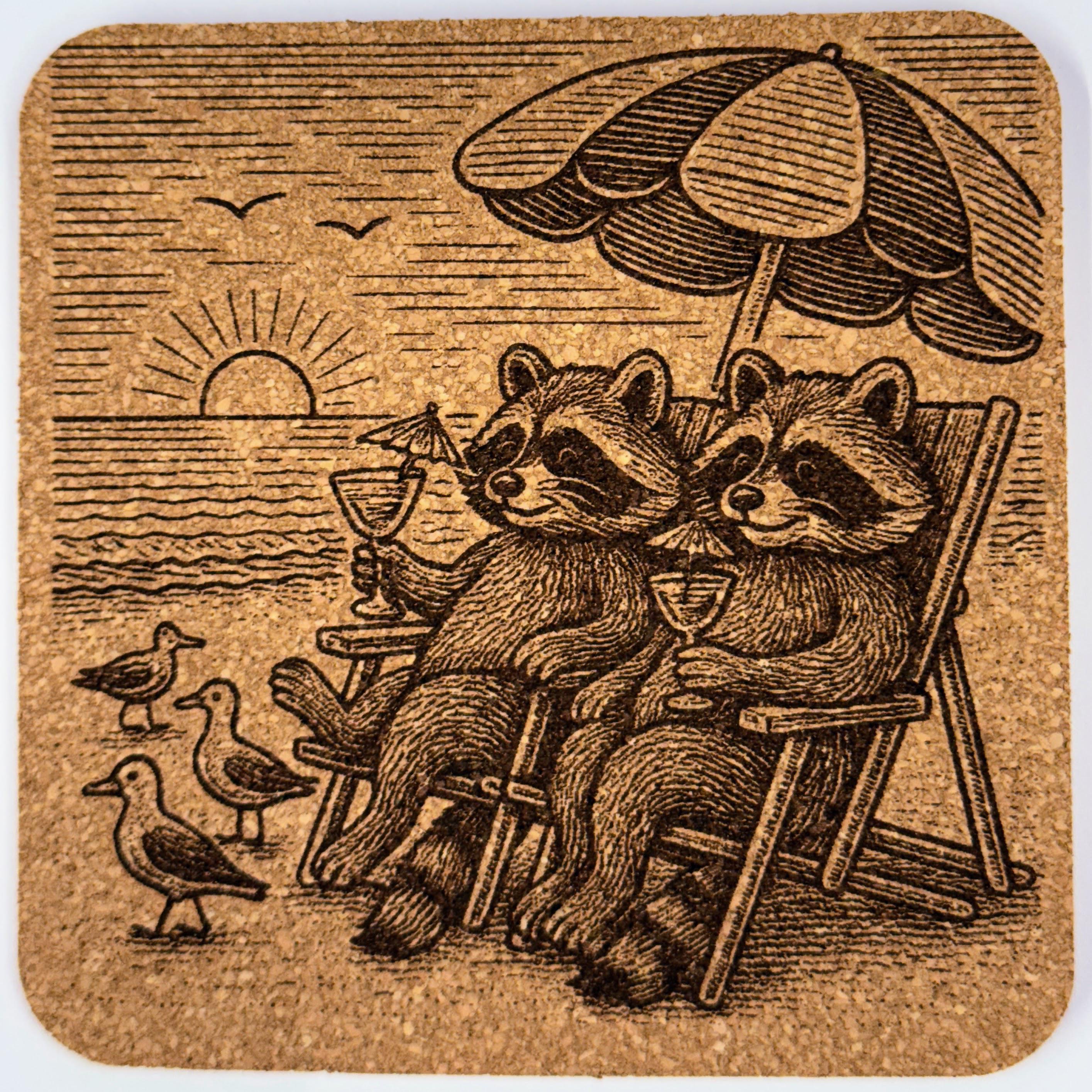 Raccoon Coaster Set: Rustic Cork Drink Coasters with Cabin & Beach Scenes