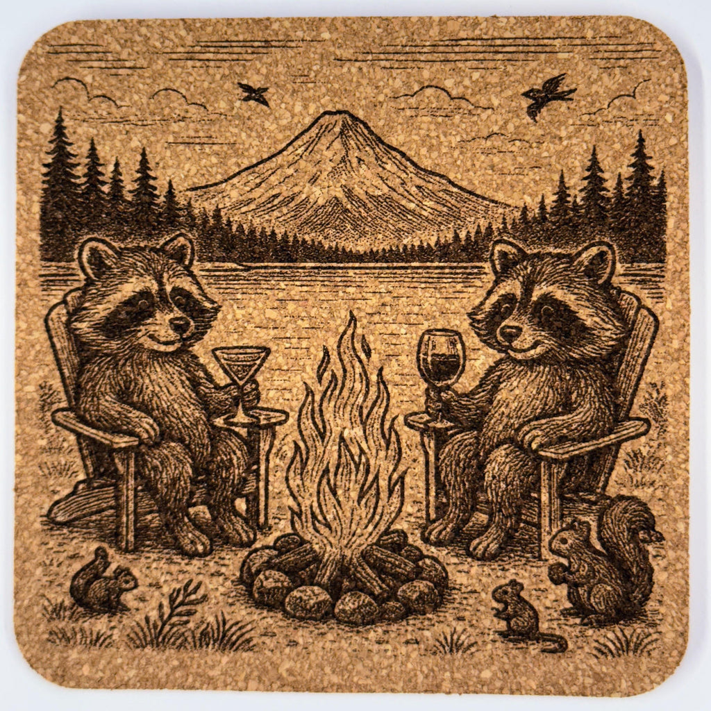 Raccoon Coaster Set: Rustic Cork Drink Coasters with Cabin & Beach Scenes
