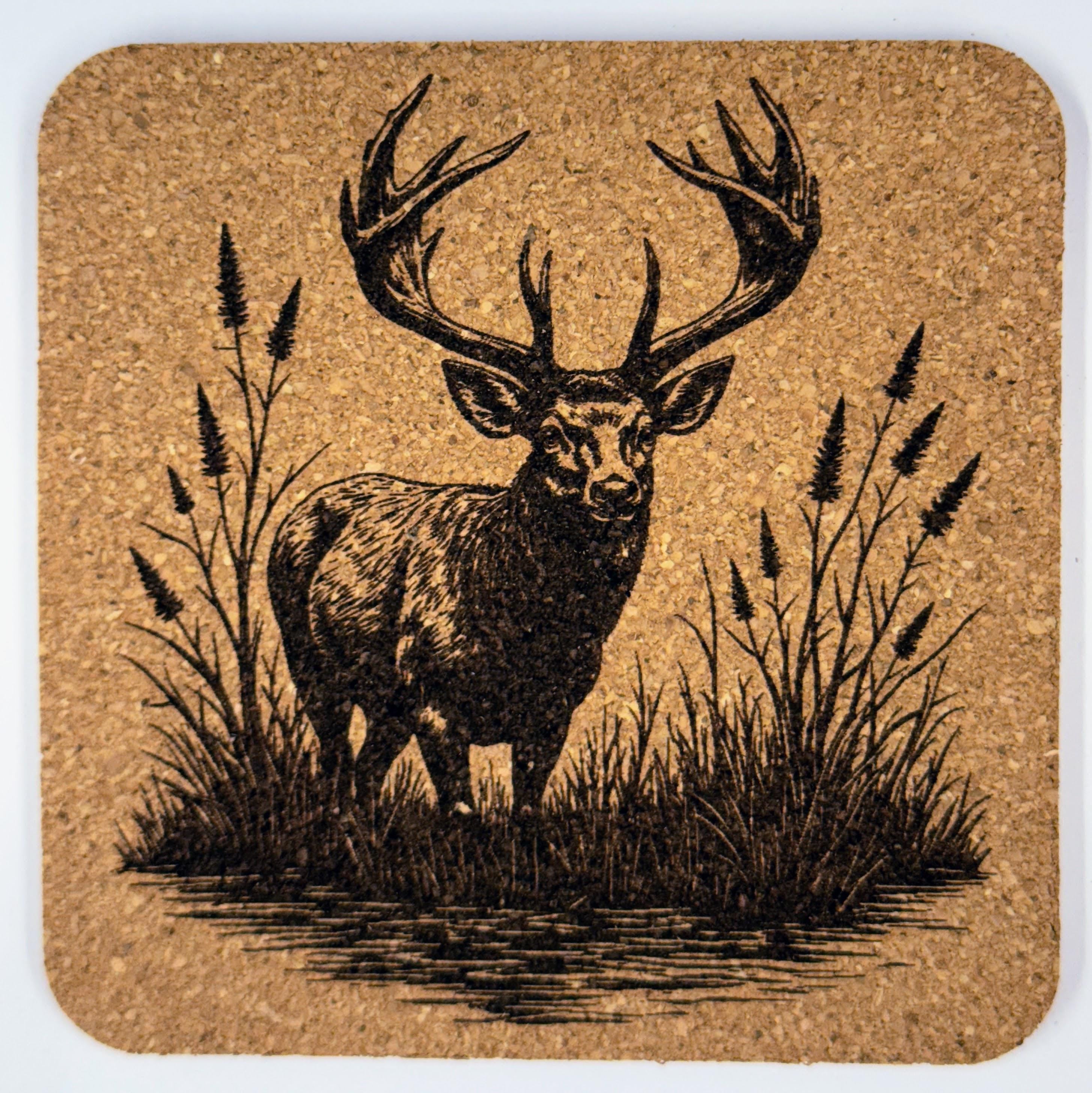 Deer Wildlife Set of 4 Laser Engraved Cork Coasters – Nature and Hunting Lodge Décor