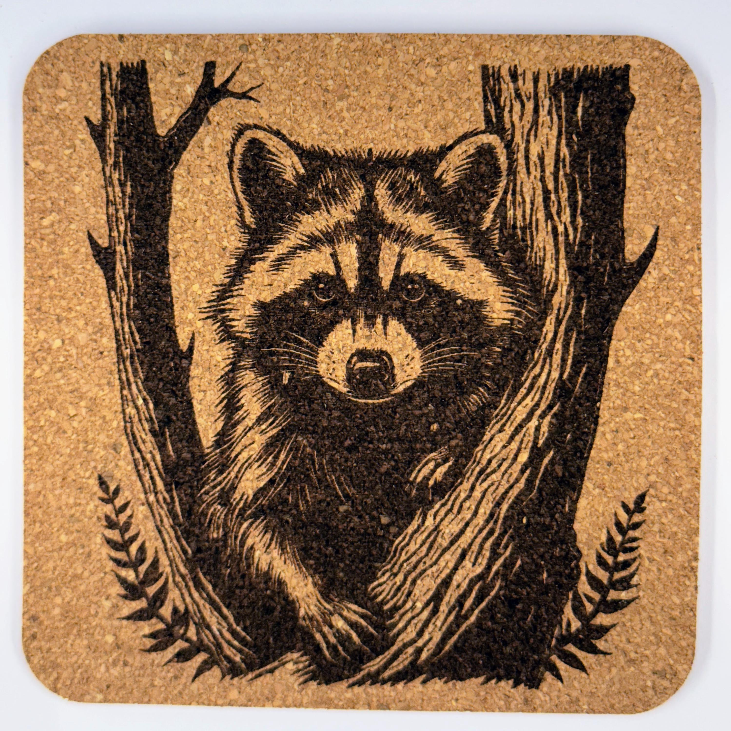 Raccoon Cork Coasters – Rustic Woodland Animal Drink Coaster Set of 4