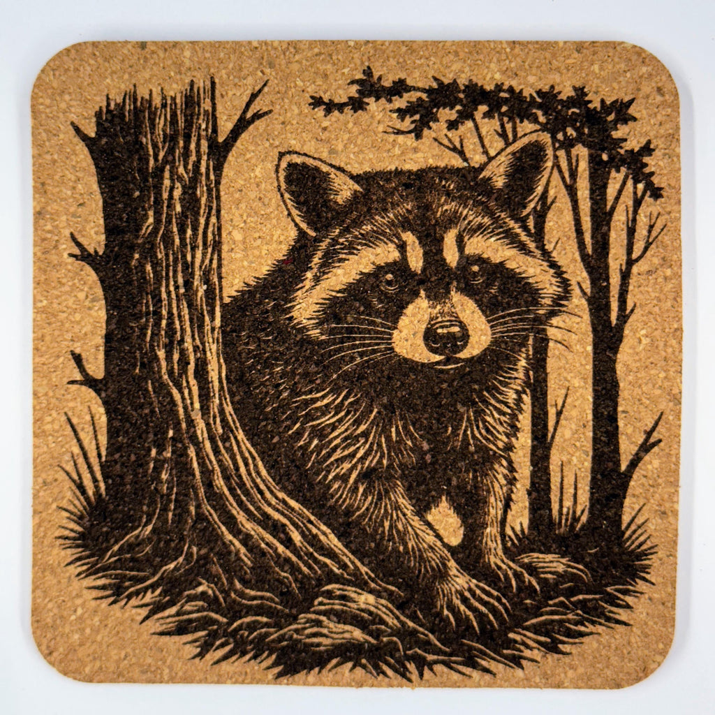 Raccoon Cork Coasters – Rustic Woodland Animal Drink Coaster Set of 4