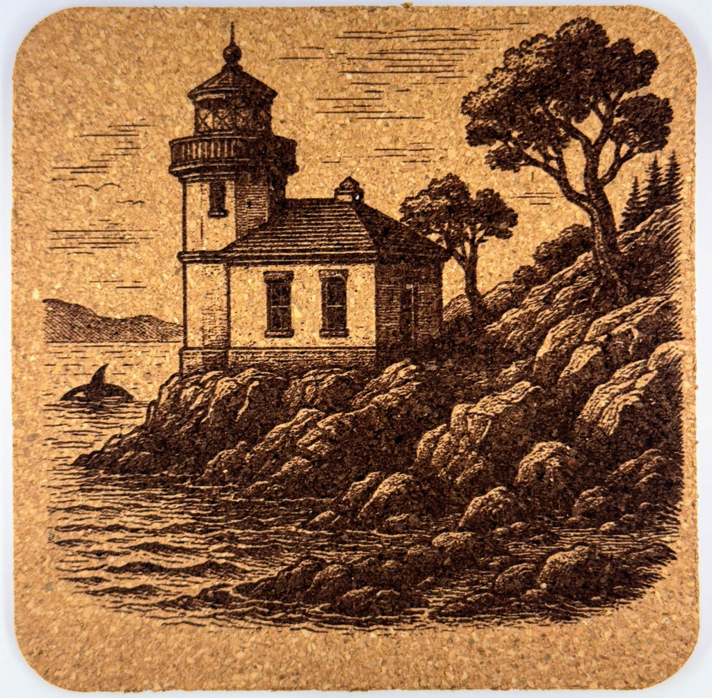 San Juan Islands Cork Coaster Set: Laser Engraved Orcas, Lighthouse, Sailboat
