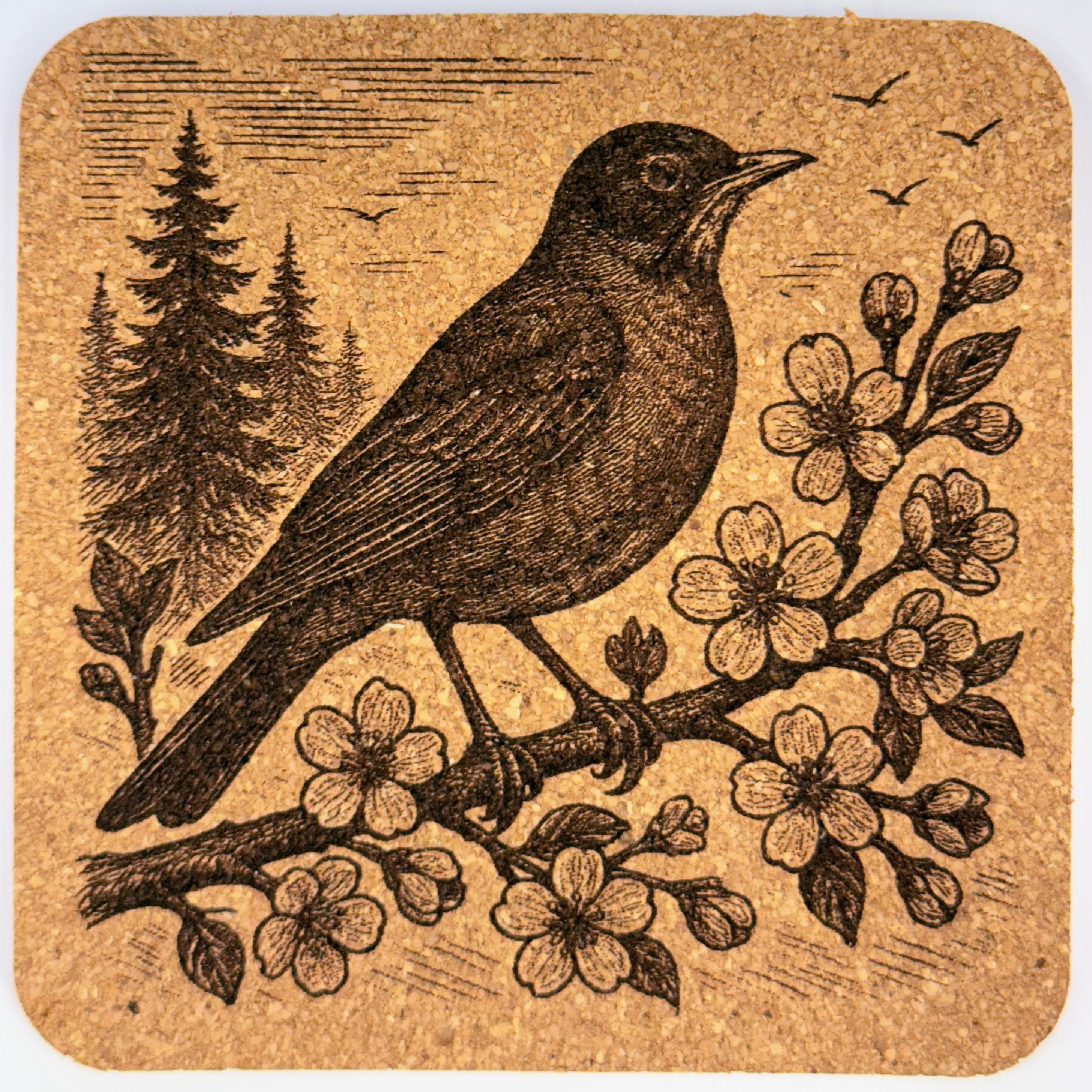 Engraved PNW Bird Cork Coaster Set: Rustic Pacific Northwest Decor