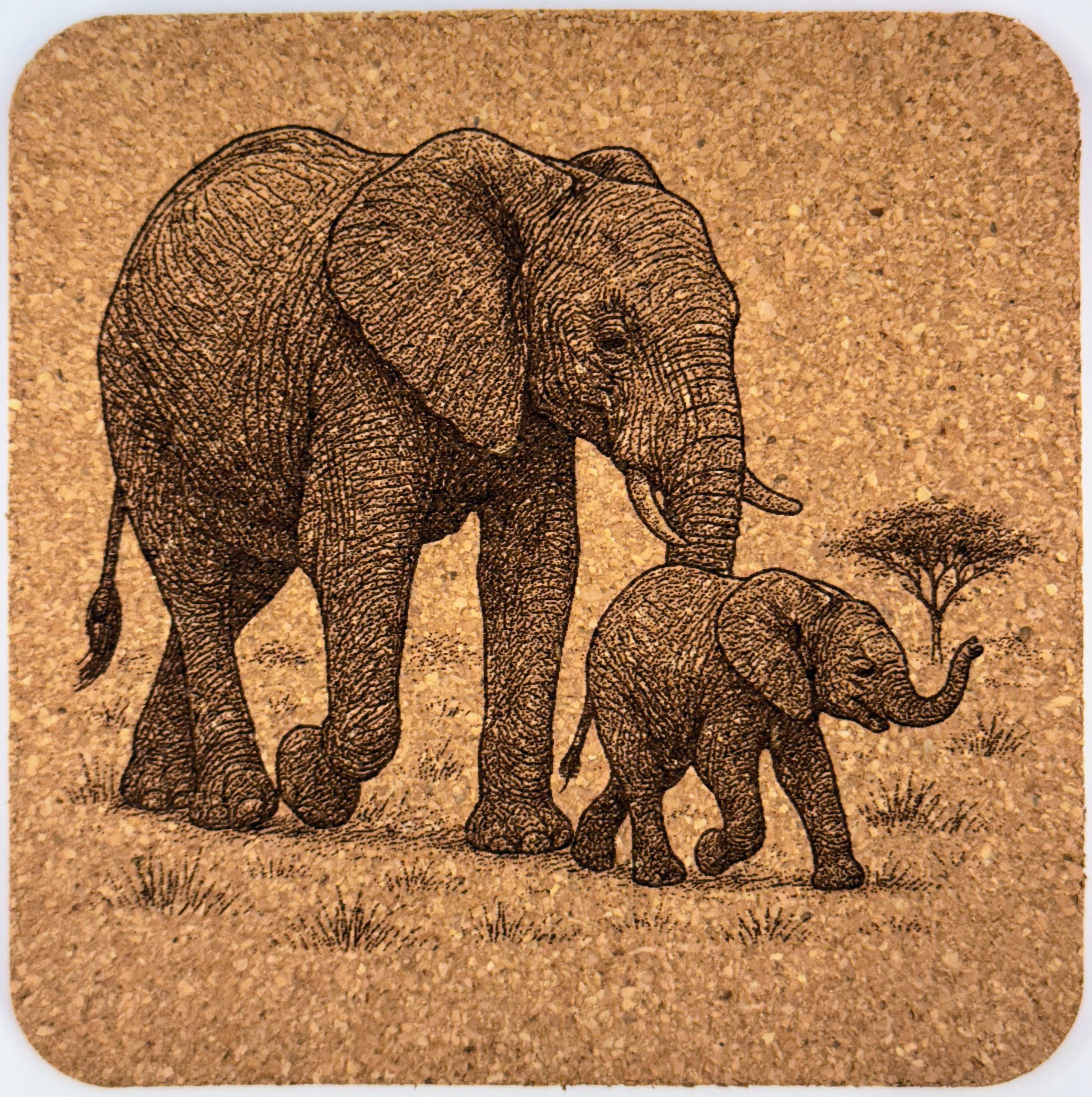 Engraved Elephant Cork Coaster Set: Rustic African Safari Decor