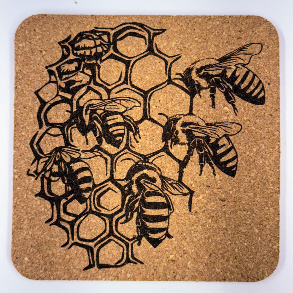 Honeycomb Bee Set of 4 Laser Engraved Cork Coasters, Hive Design