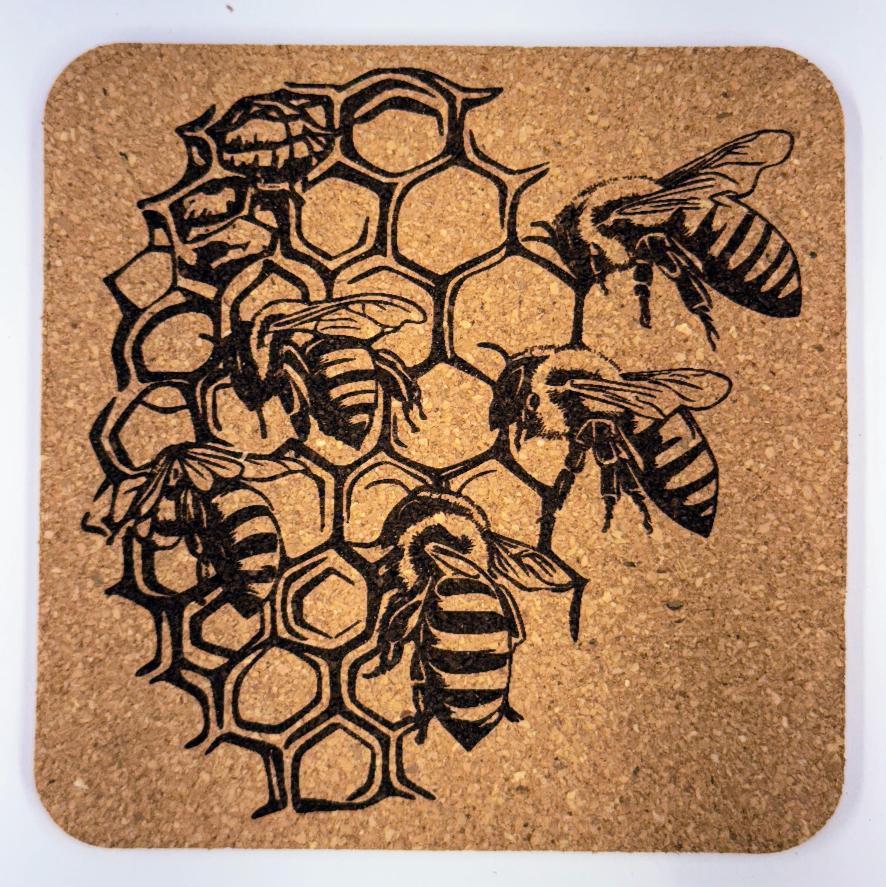 Honeycomb Bee Set of 4 Laser Engraved Cork Coasters, Hive Design