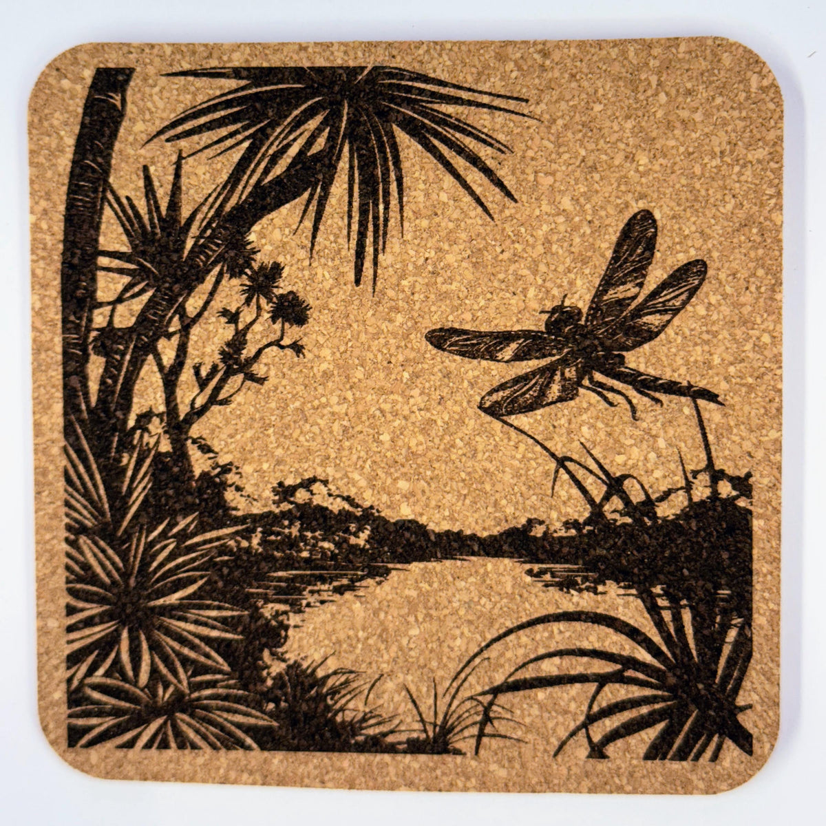 Dragonfly Cork Coaster Set – 4-Piece Nature Drinkware, Botanical Silhouette, Rustic Cottagecore Home Décor