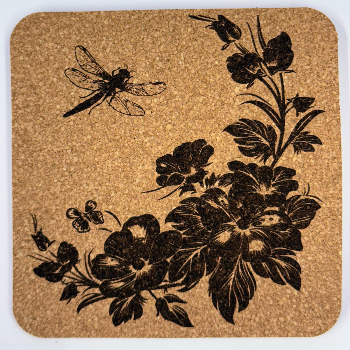 Dragonfly Cork Coaster Set – 4-Piece Nature Drinkware, Botanical Silhouette, Rustic Cottagecore Home Décor