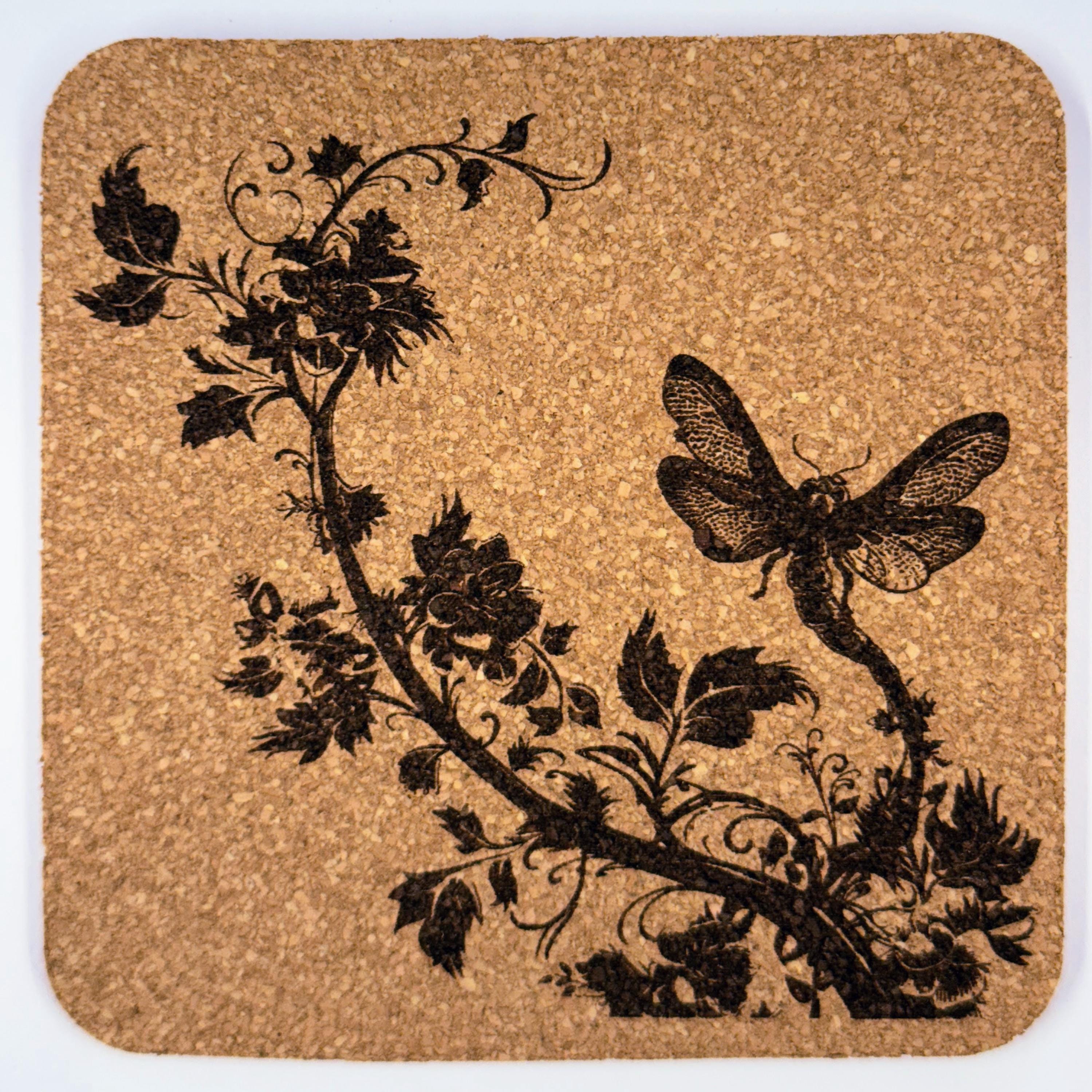 Dragonfly Cork Coaster Set – 4-Piece Nature Drinkware, Botanical Silhouette, Rustic Cottagecore Home Décor