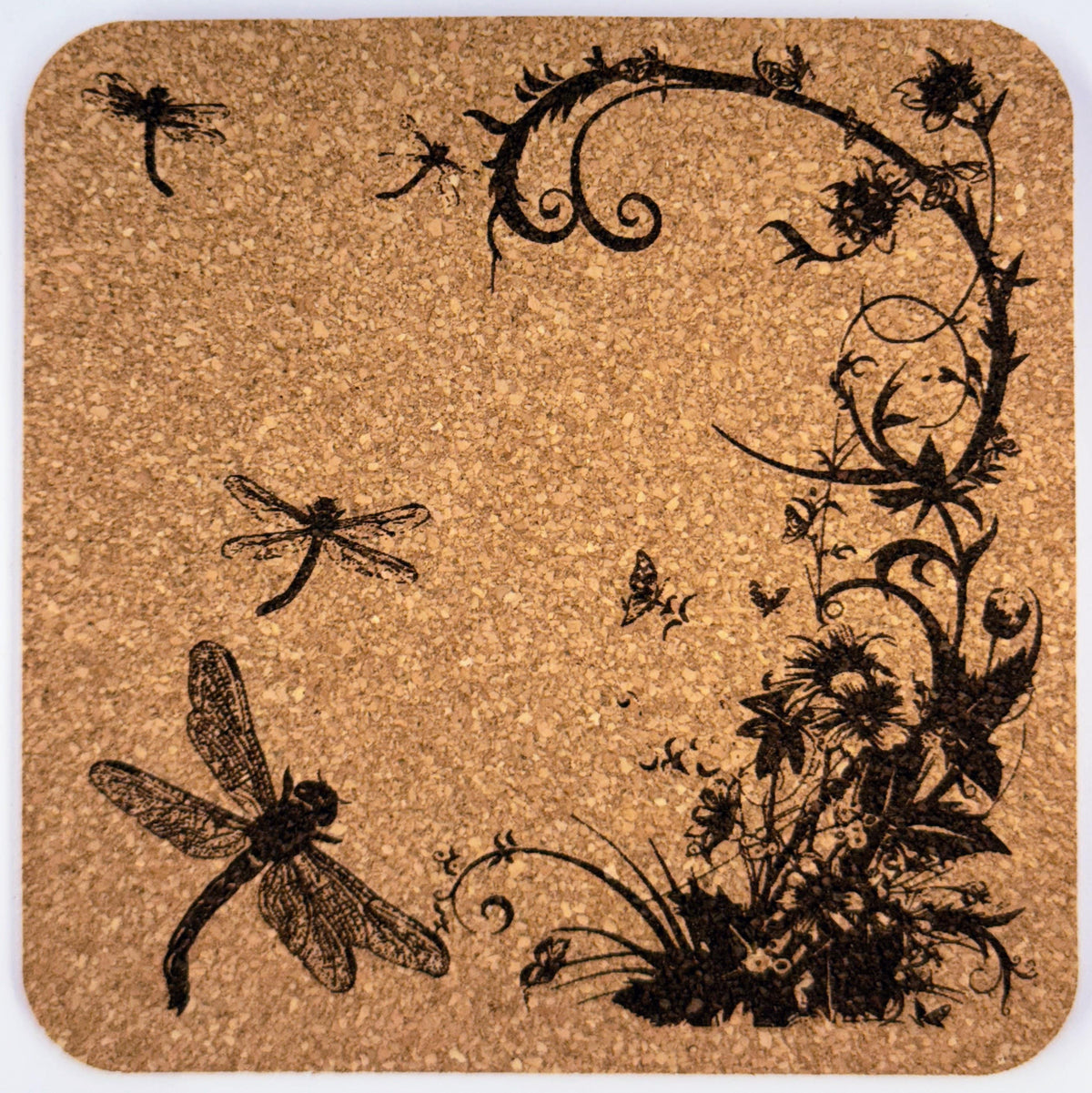 Dragonfly Cork Coaster Set – 4-Piece Nature Drinkware, Botanical Silhouette, Rustic Cottagecore Home Décor