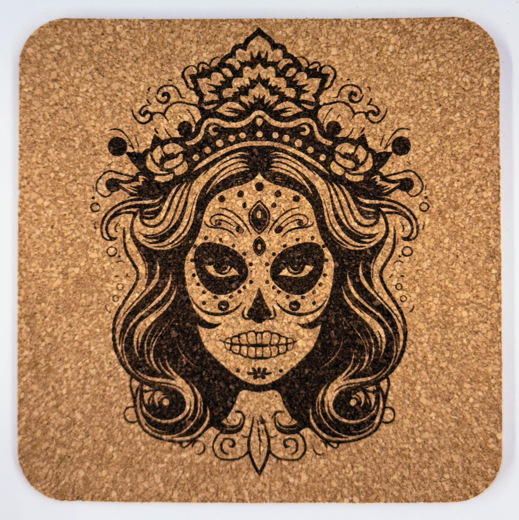 Día de los Muertos Cork Coaster Set – Floral Skull Engraved, Mexican Folk Art