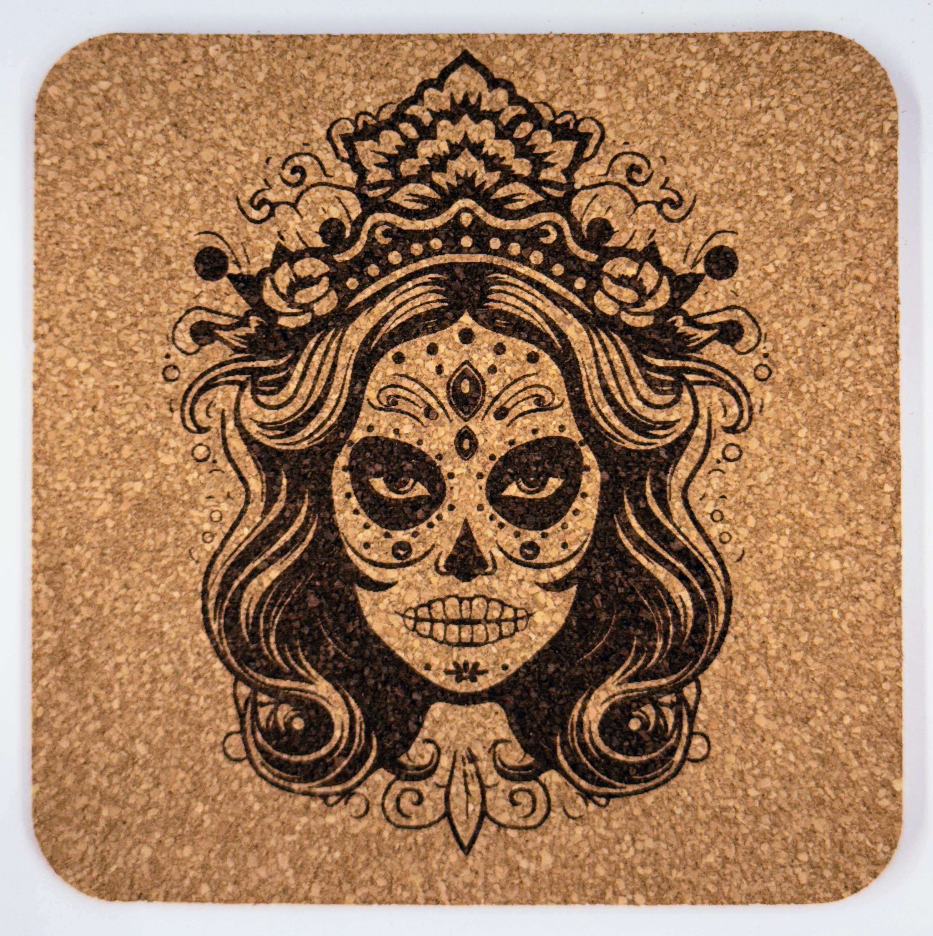 Día de los Muertos Cork Coaster Set – Floral Skull Engraved, Mexican Folk Art