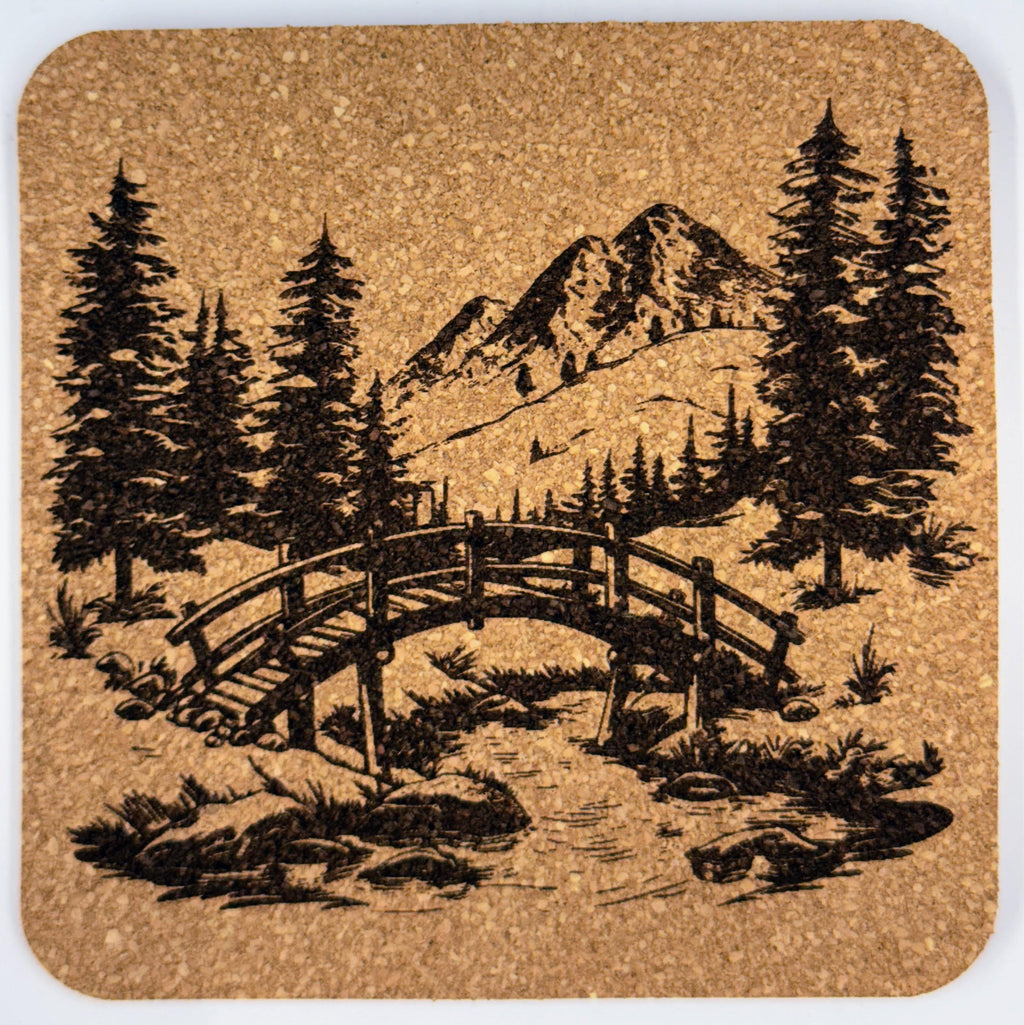 Mountain Trail Set of 4  Cork Coasters, Rustic Hiking Path and Nature Décor