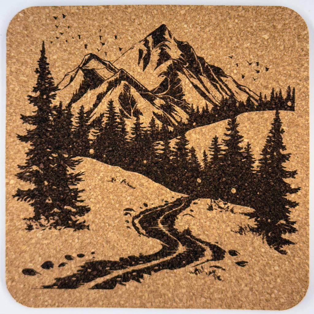 Mountain Trail Set of 4  Cork Coasters, Rustic Hiking Path and Nature Décor