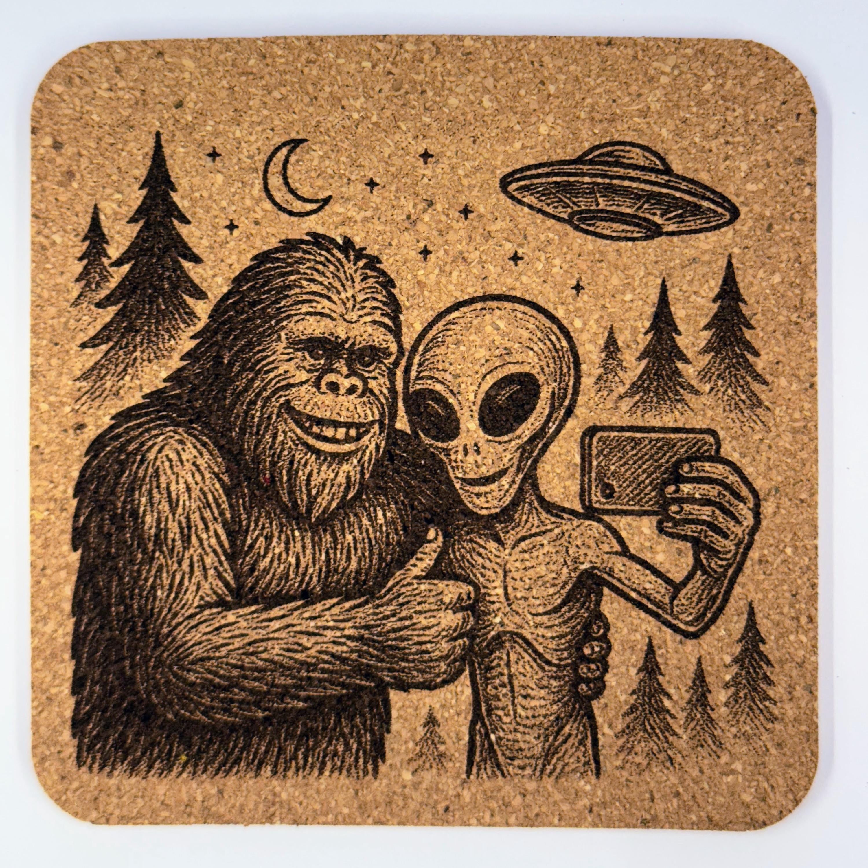 Bigfoot and Alien Cork Coasters: Funny Sasquatch UFO Designs, 4-Pack