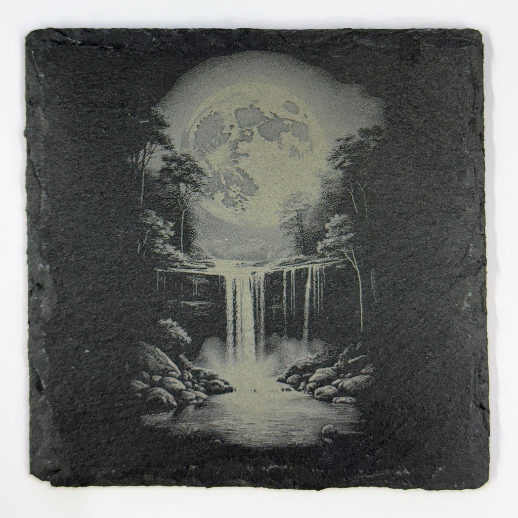 Moonlit Nature Slate Coaster Set – Engraved Night Sky Mountain, Waterfall, Ocean & Tropical Beach Scenes