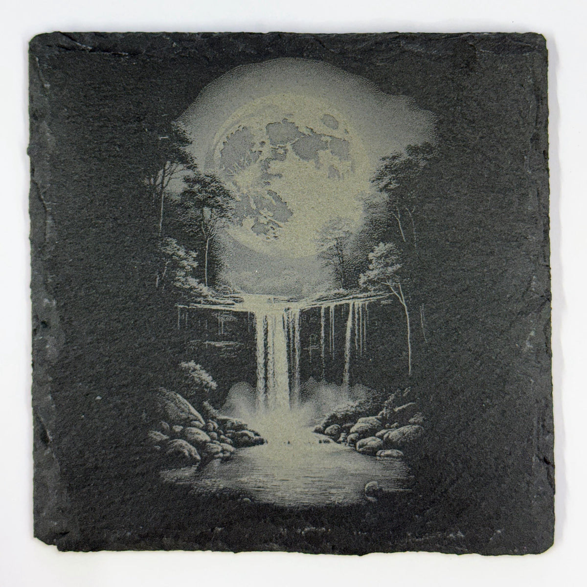 Moonlit Nature Slate Coaster Set – Engraved Night Sky Mountain, Waterfall, Ocean & Tropical Beach Scenes