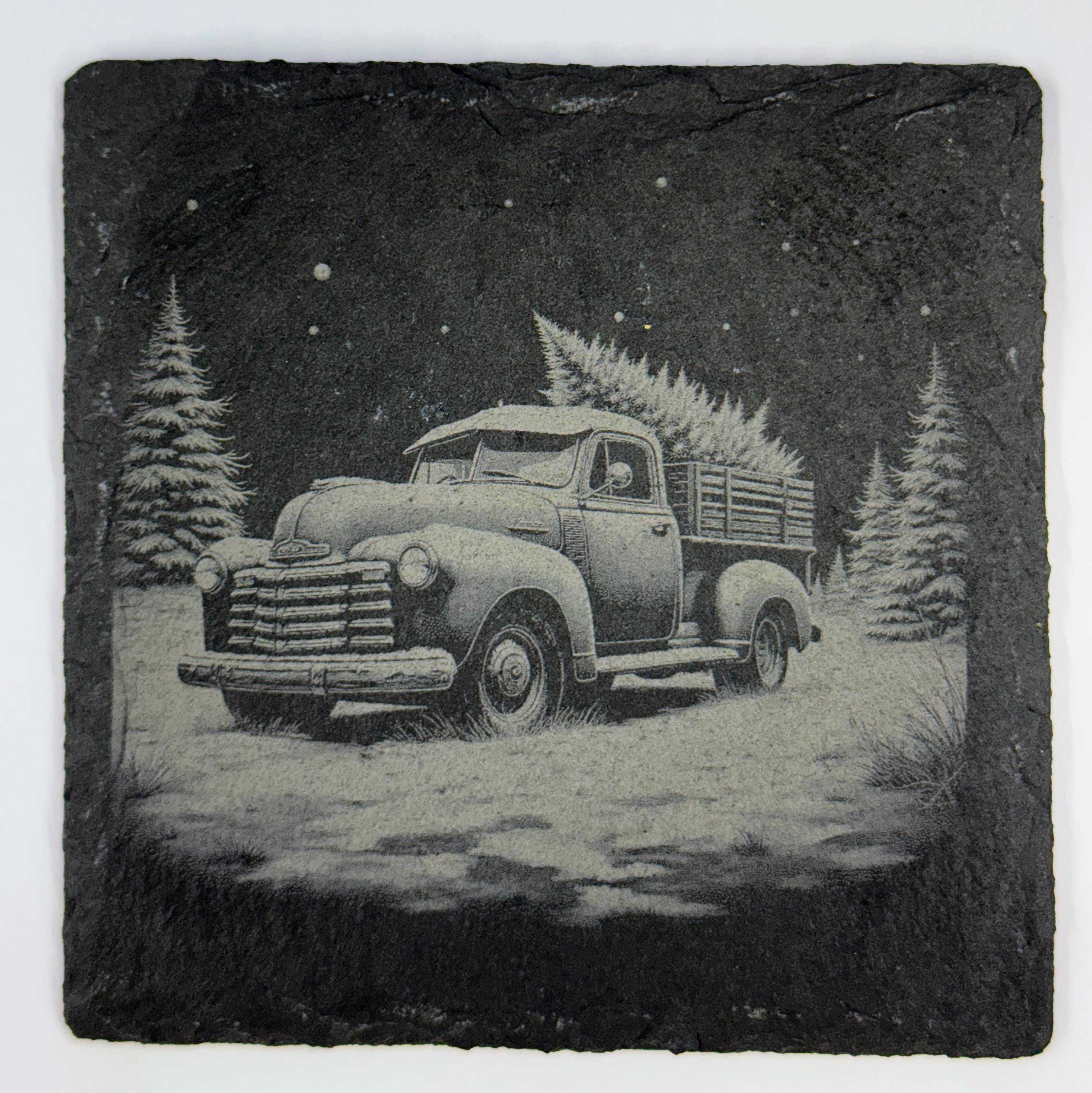 Christmas Truck Slate Coaster Set: Engraved Vintage Holiday Decor