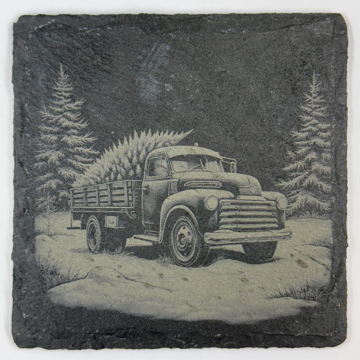 Christmas Truck Slate Coaster Set: Engraved Vintage Holiday Decor