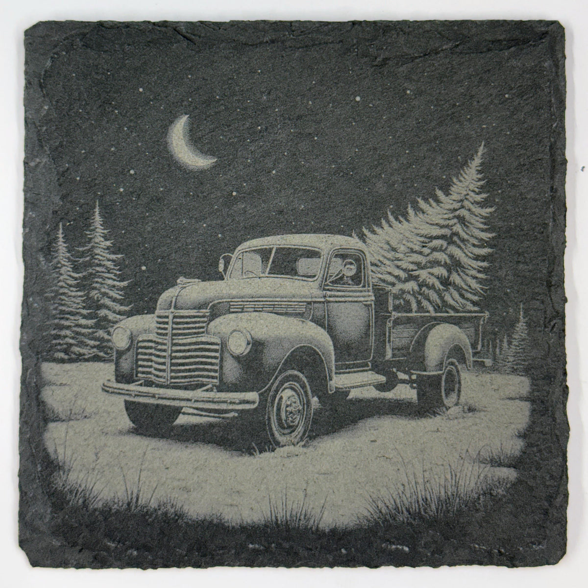 Christmas Truck Slate Coaster Set: Engraved Vintage Holiday Decor
