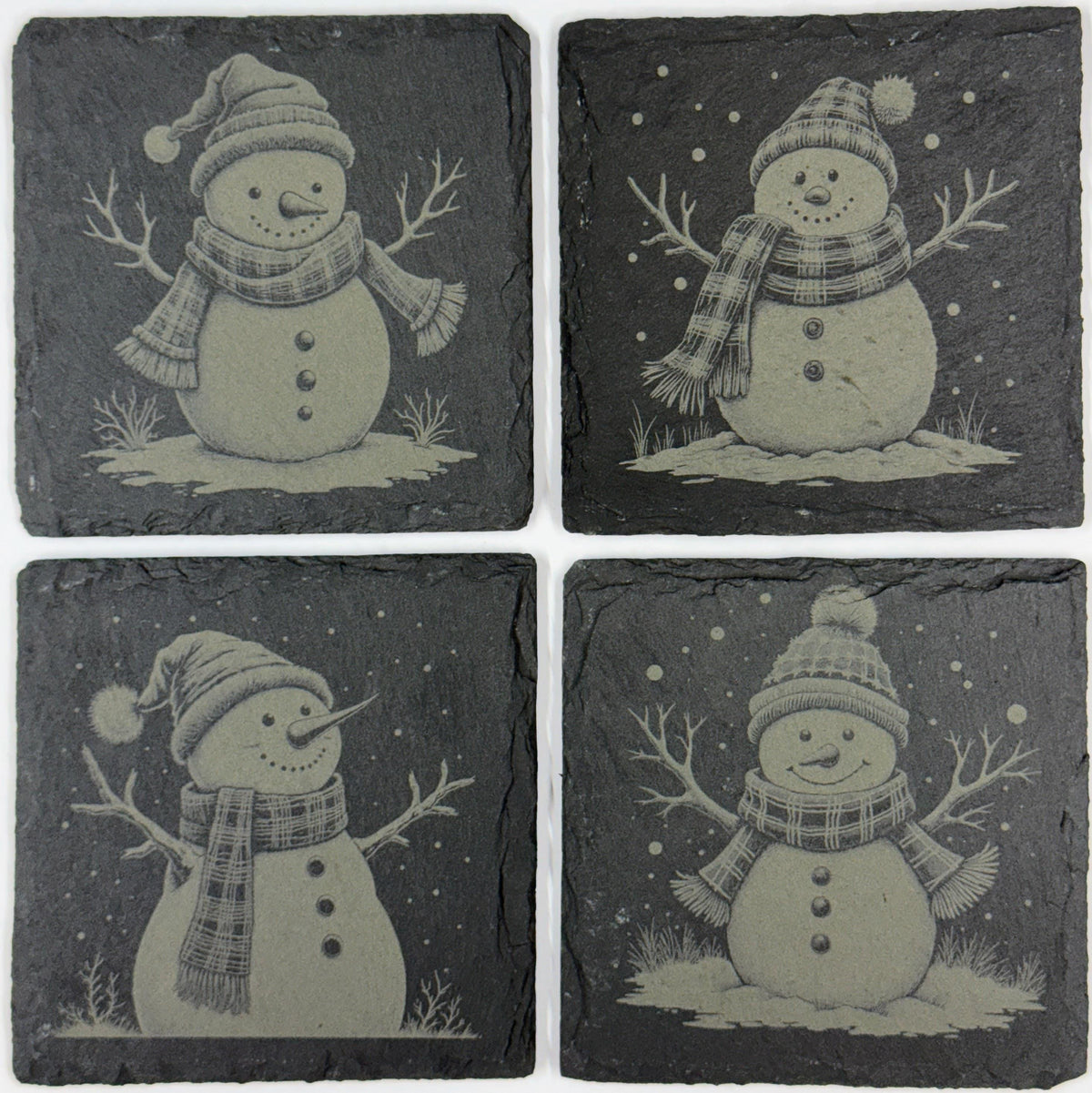Snowman Slate Coaster Set – Engraved Winter Holiday Rustic Christmas Drink Coasters