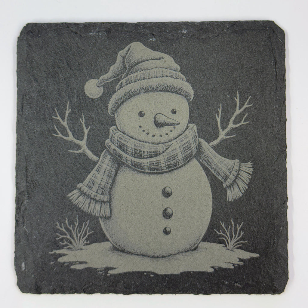 Snowman Slate Coaster Set – Engraved Winter Holiday Rustic Christmas Drink Coasters