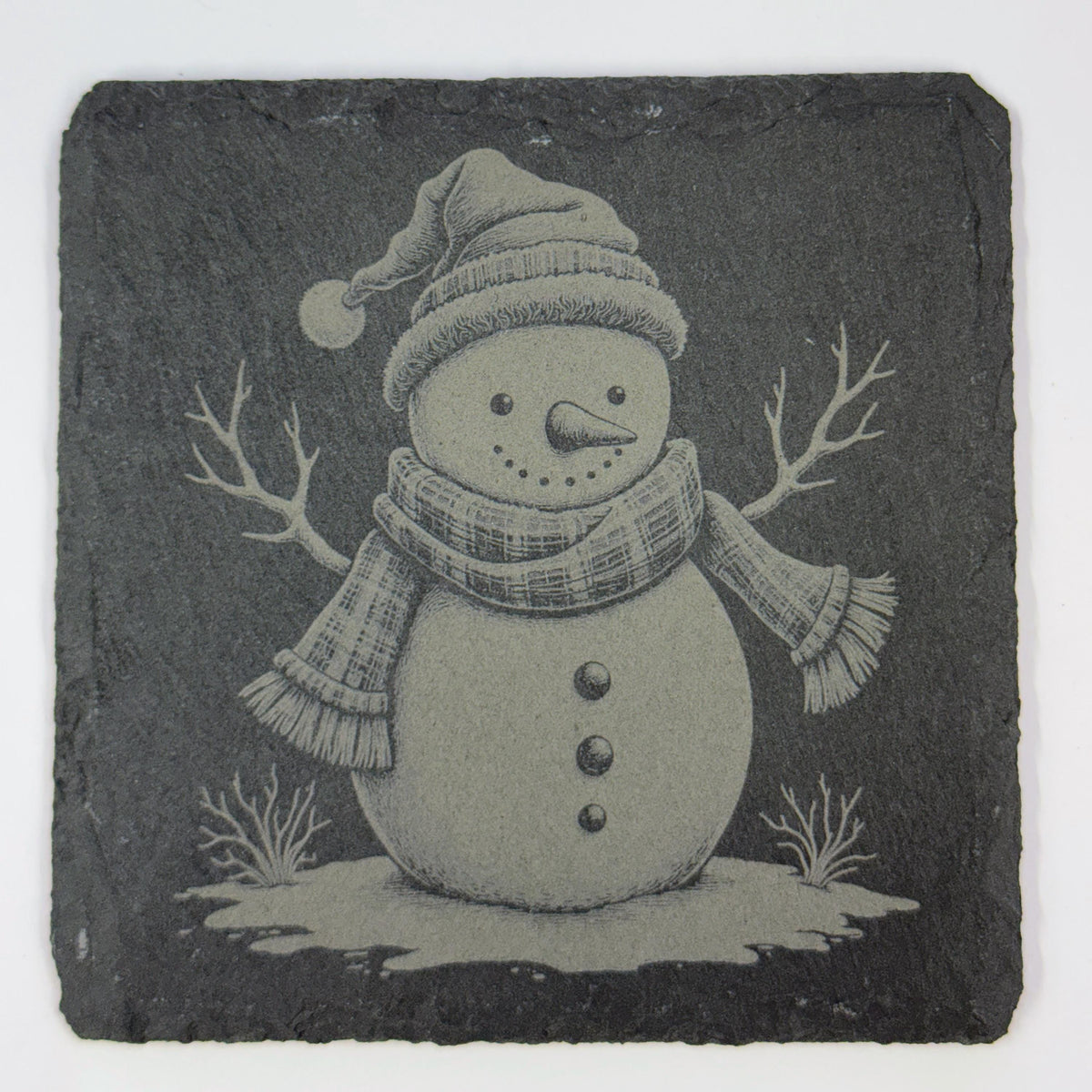 Snowman Slate Coaster Set – Engraved Winter Holiday Rustic Christmas Drink Coasters