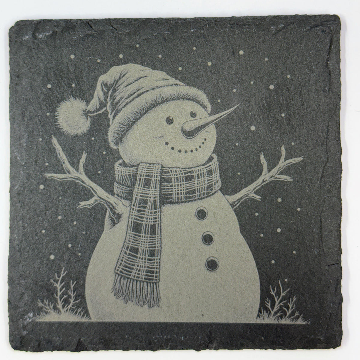 Snowman Slate Coaster Set – Engraved Winter Holiday Rustic Christmas Drink Coasters