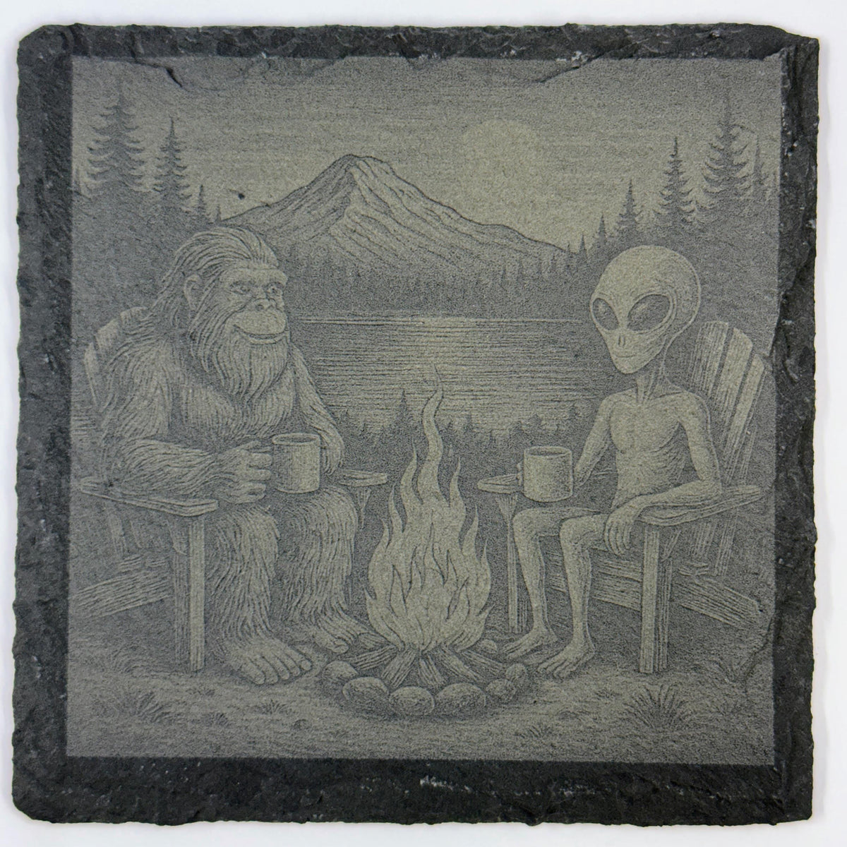 Bigfoot and Alien set of 4 Laser Engraved Slate Coasters