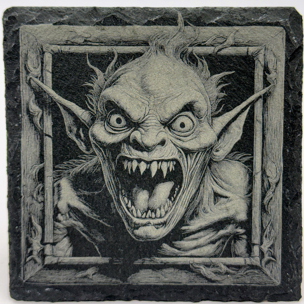 Halloween Gremlins Slate Coasters: Engraved Gothic Horror Drink Coasters, Set of 4