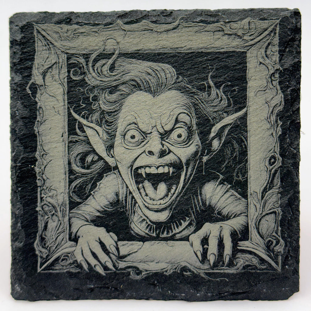 Halloween Gremlins Slate Coasters: Engraved Gothic Horror Drink Coasters, Set of 4