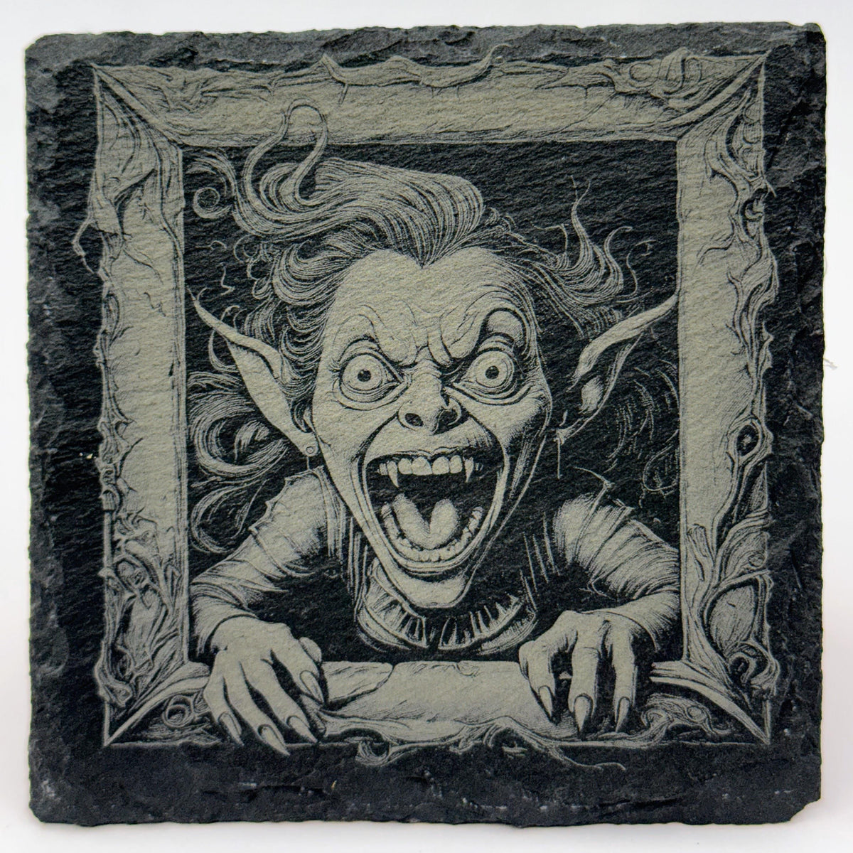 Halloween Gremlins Slate Coasters: Engraved Gothic Horror Drink Coasters, Set of 4
